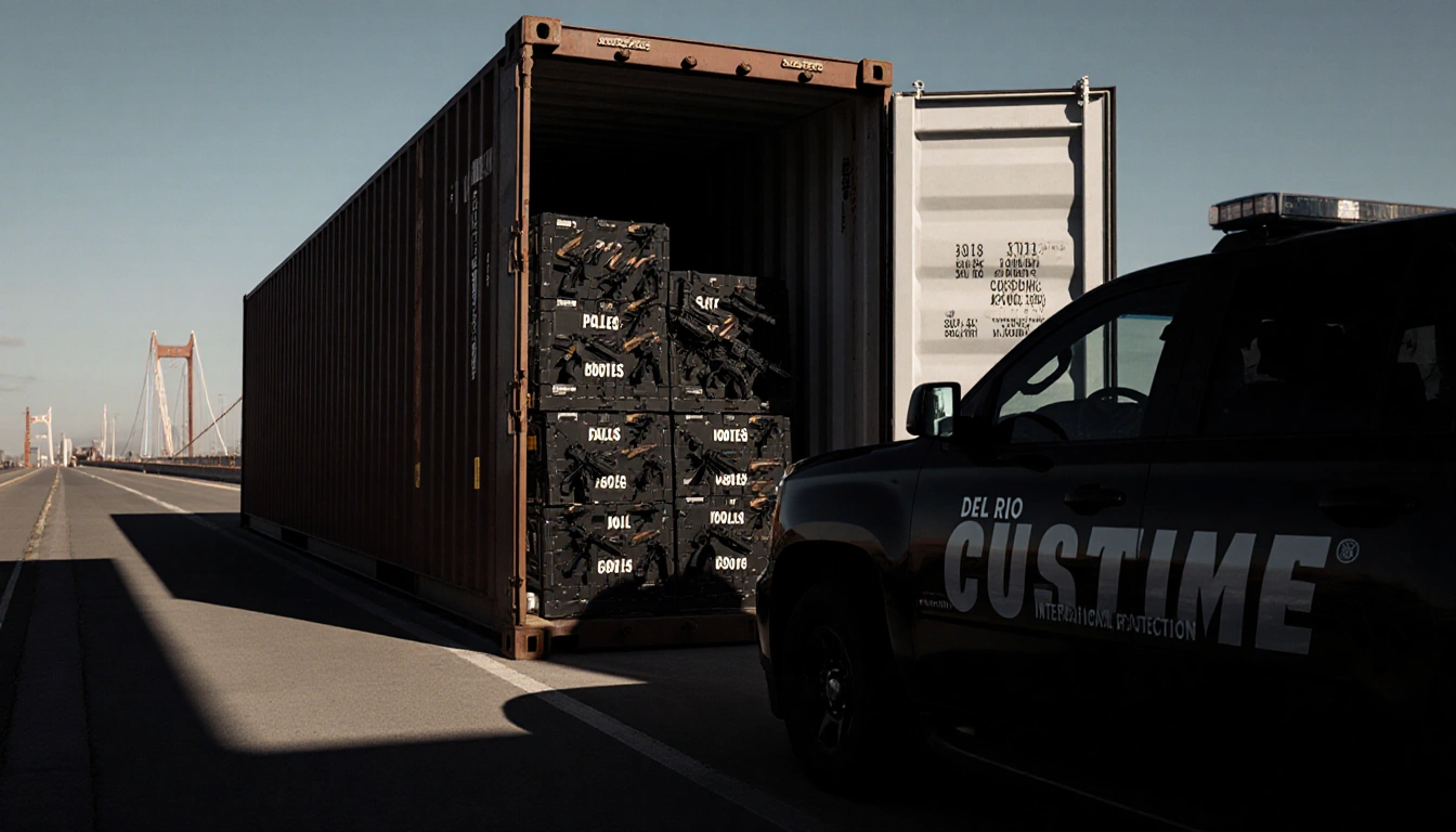 Cargo container opens revealing weapons with a Customs vehicle silhouette against the bridge casting long shadows.