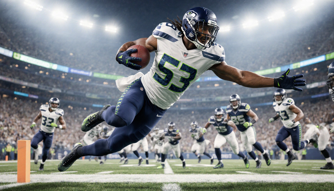 DeMarcus Lawrence leaping with fumble toward goal line with blurred teammates in motion