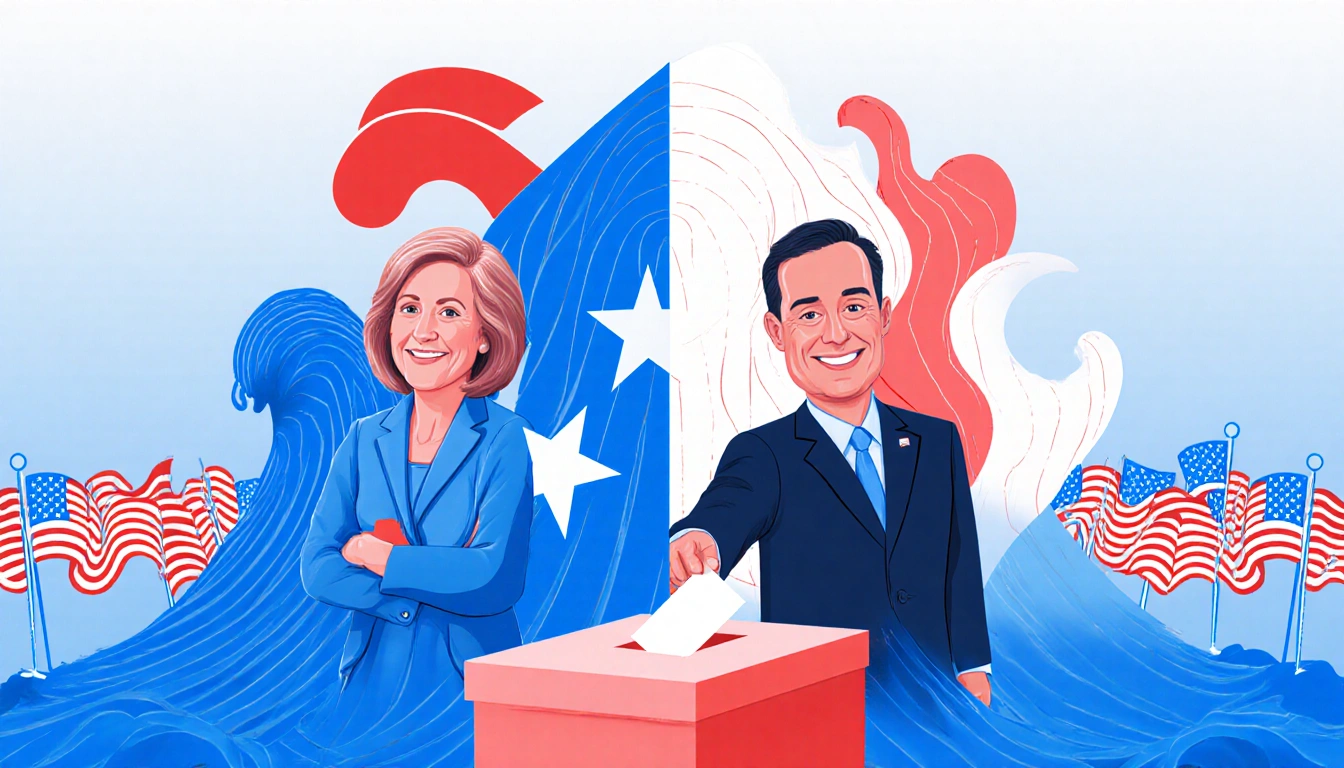 Two politicians standing on opposite sides of a blue wave symbol with a flag gradient background and a faint ballot box