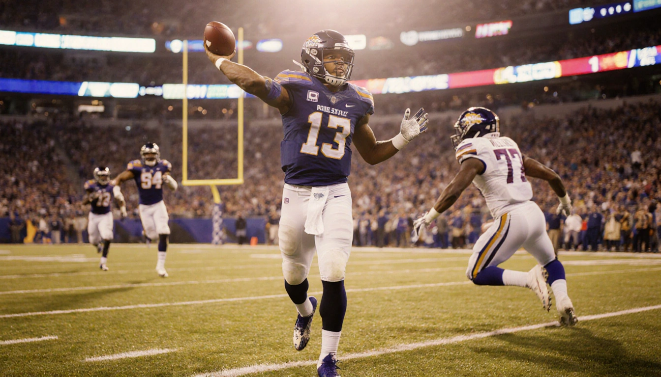 Demond Williams throws a touchdown pass to Raiden Vines-Bright with teammates celebrating and Boise State player in backgroun