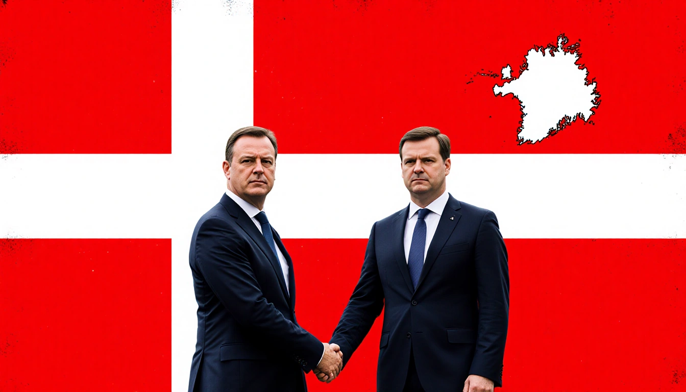 Foreign Minister Jeppe Bjerre stands firm with the Danish flag and a subtle Greenland map behind him showing Denmark's unity.