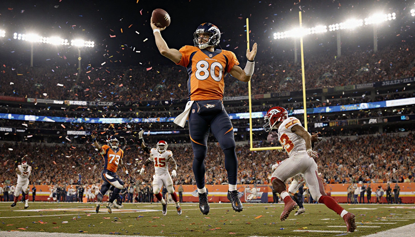 Bo Nix throws a touchdown pass with the ball midair and confetti swirling from the Broncos bench