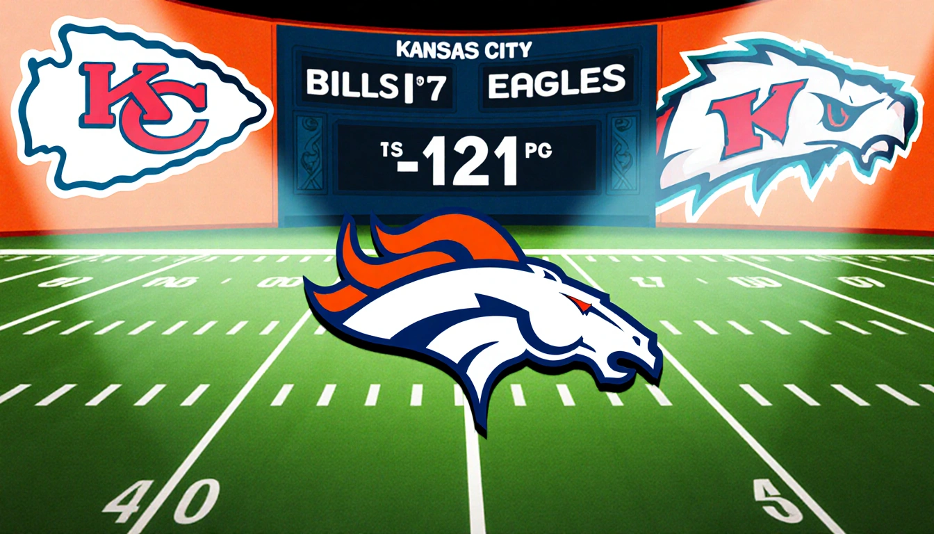 Illustrated football field with Denver Broncos logo at midfield and Chiefs logo behind and scoreboard reads Bills 17 Eagles 1