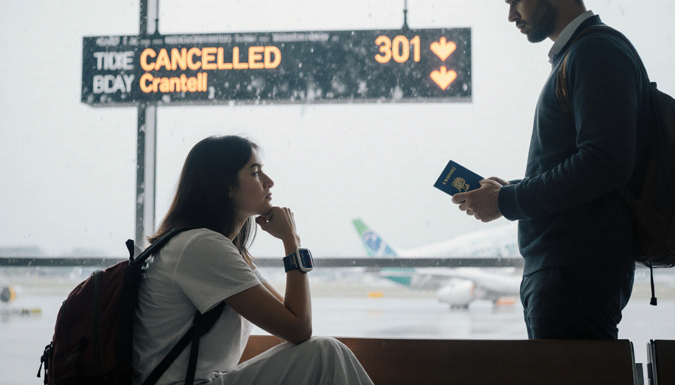 Woman sits on airport bench with dejected and ECG monitor on wrist while her worried husband holds travel medical certificate