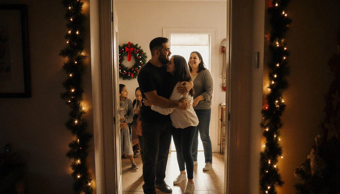 Kilmar Abrego Garcia walking into doorway with joyful reunion hugging around him and a festive Christmas wreath behind