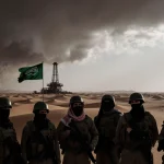 Group of men stand looking out over desert dunes with a Saudi flag flying and an oil rig rising in the distance