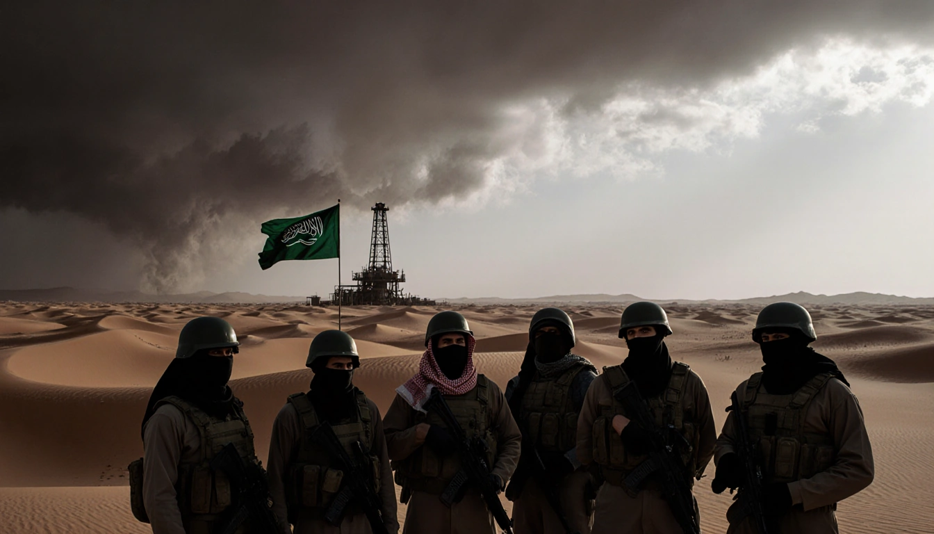 Group of men stand looking out over desert dunes with a Saudi flag flying and an oil rig rising in the distance