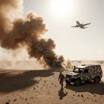 Two separatist fighters stumbling away from a crumpled vehicle with desert dust swirling and aircraft silhouette