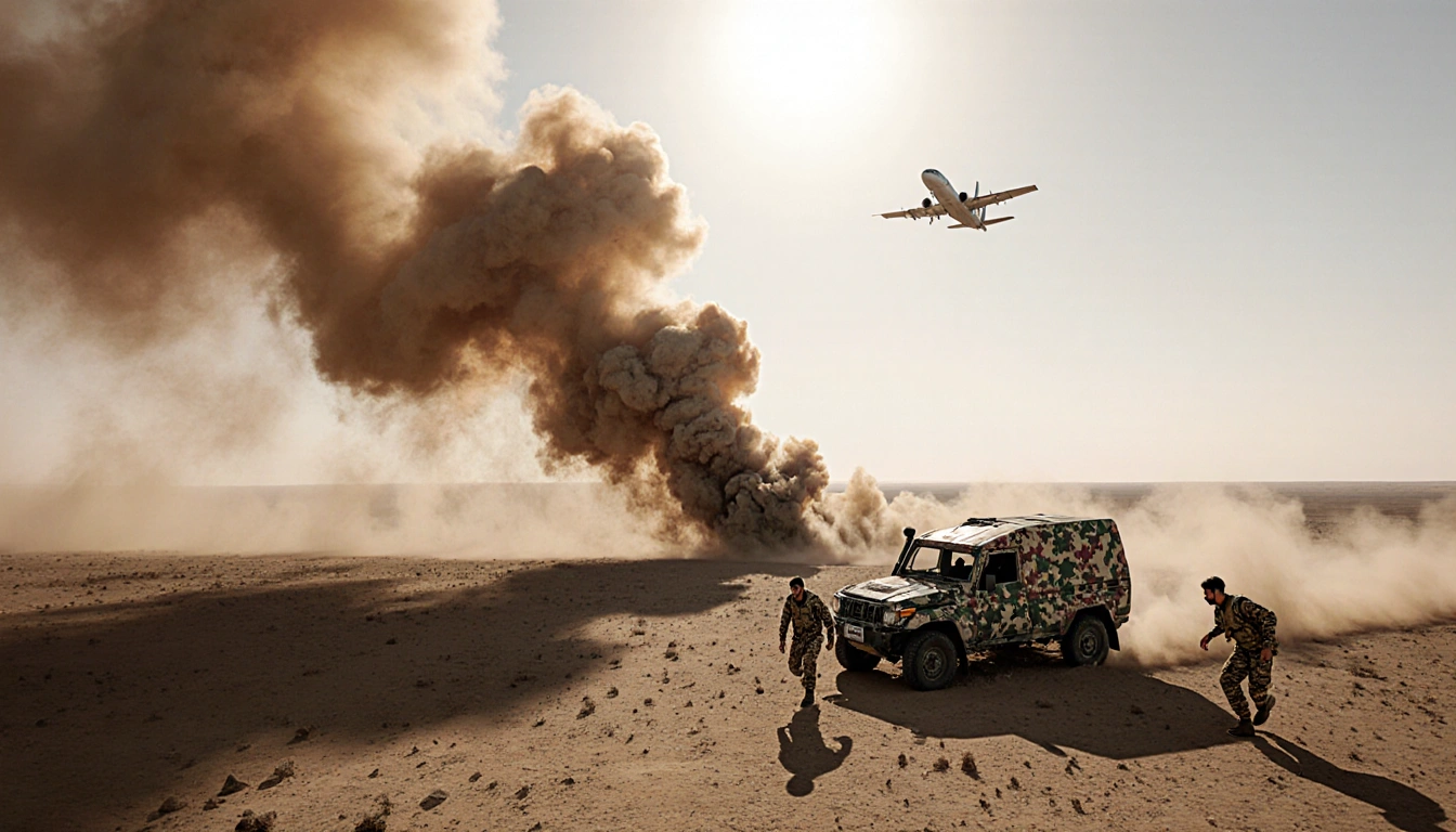 Two separatist fighters stumbling away from a crumpled vehicle with desert dust swirling and aircraft silhouette
