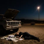 Woman lying on desert sand near an old truck with open hood showing documents and a streetlight casting long shadows.