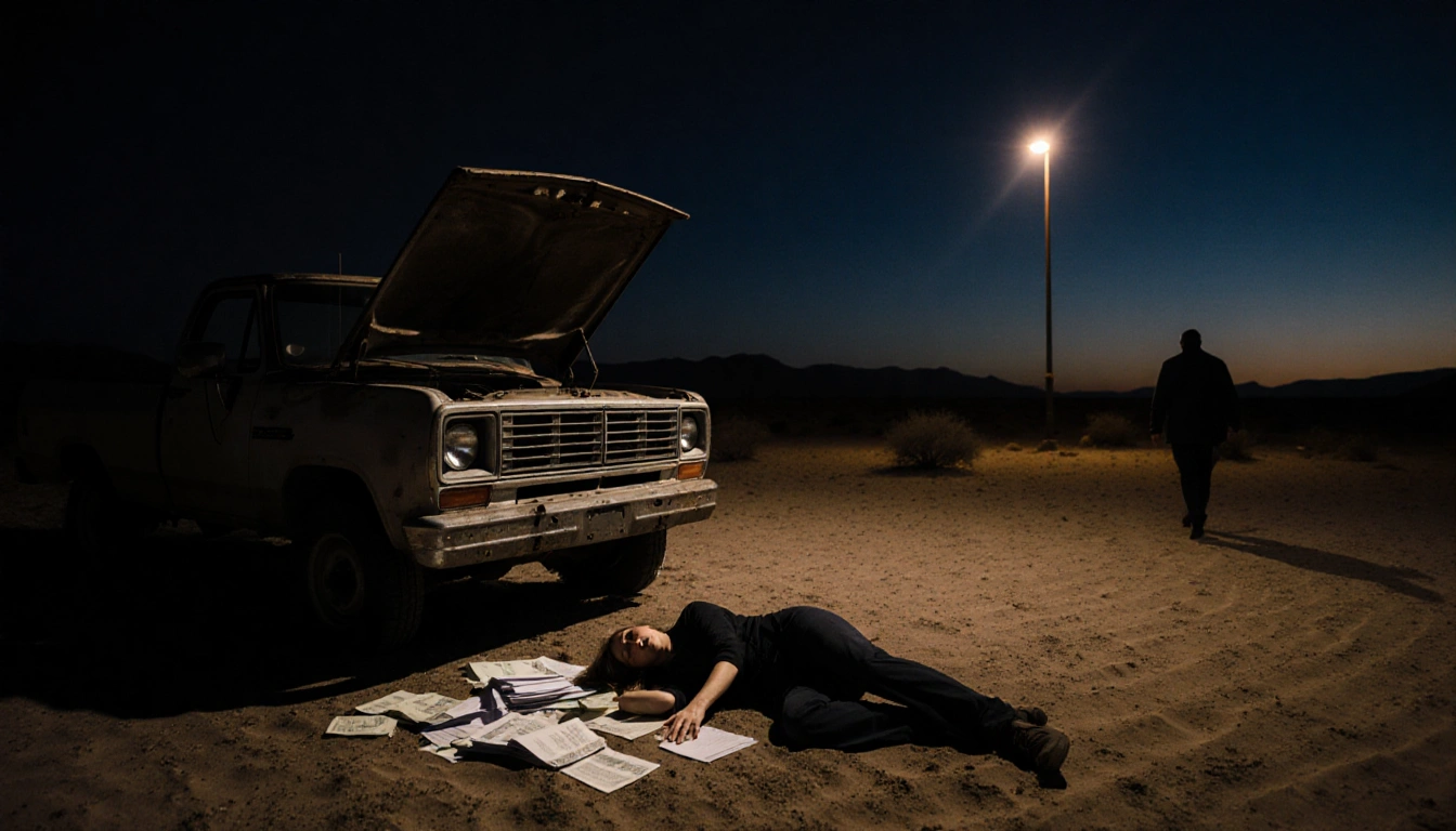 Woman lying on desert sand near an old truck with open hood showing documents and a streetlight casting long shadows.