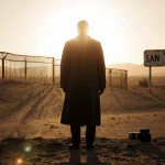 Lone figure in long coat standing on desert edge with light and distant steel border fence with faded sign.