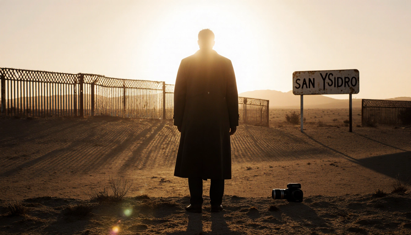 Lone figure in long coat standing on desert edge with light and distant steel border fence with faded sign.
