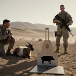 Medic kneels beside tranquilized goat with large metal target showing pig silhouette