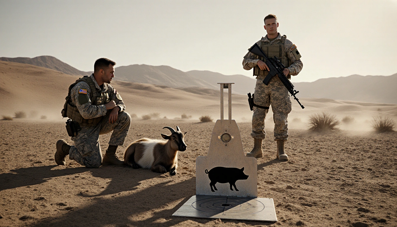 Medic kneels beside tranquilized goat with large metal target showing pig silhouette
