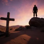 Gang member standing on rocky outcrop overlooking desert at dusk with broken wooden cross in foreground.