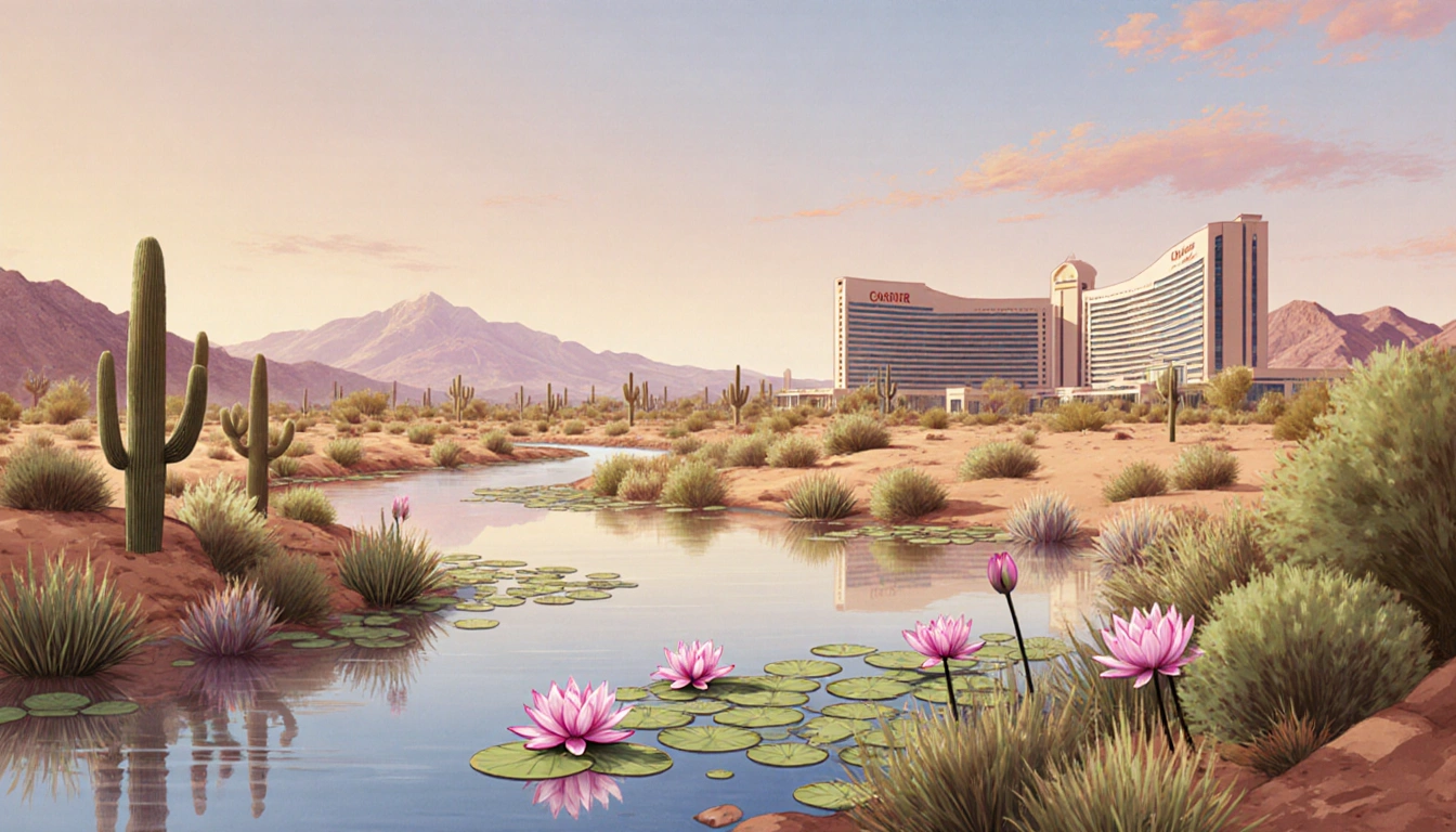 Desert oasis flowing water with lotus flowers and lush greenery under warm tones near modern casino architecture
