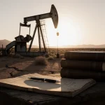 Oil wellhead standing tall with sunset glow over desert rocks and ledgers on a worn table