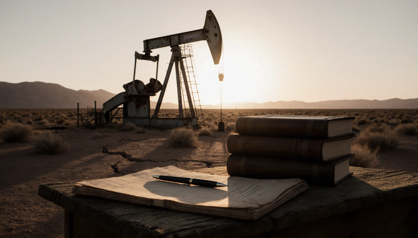 Oil wellhead standing tall with sunset glow over desert rocks and ledgers on a worn table
