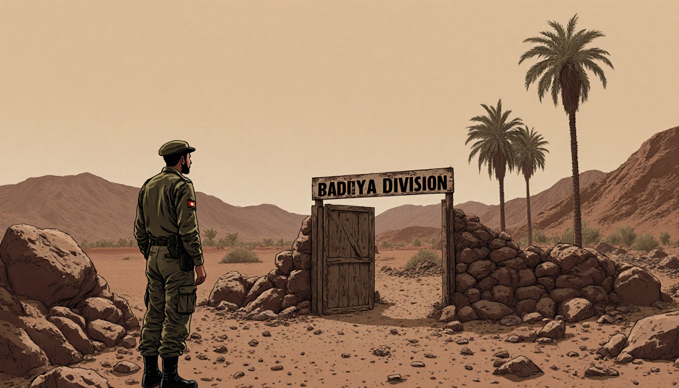 Security guard standing watch at a desert base with a worn wooden gate and distant dunes
