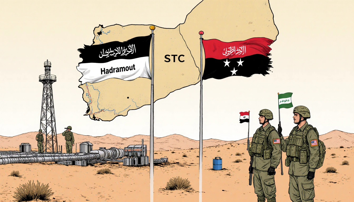 Coalition troops standing in a desert near oil rigs with Hadramout and Mahra flags and Yemen map behind