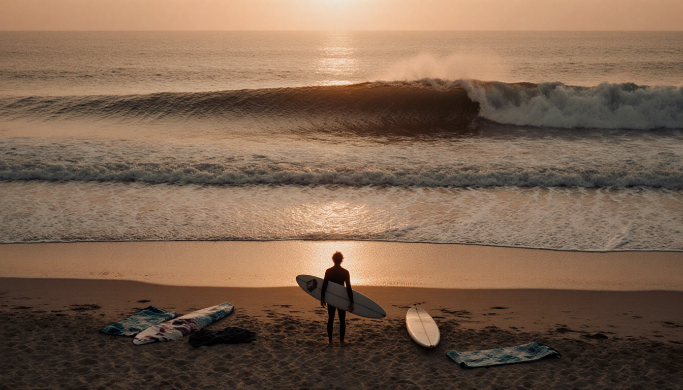 Surfer standing on deserted beach staring at calm wave with warm sunset glow behind