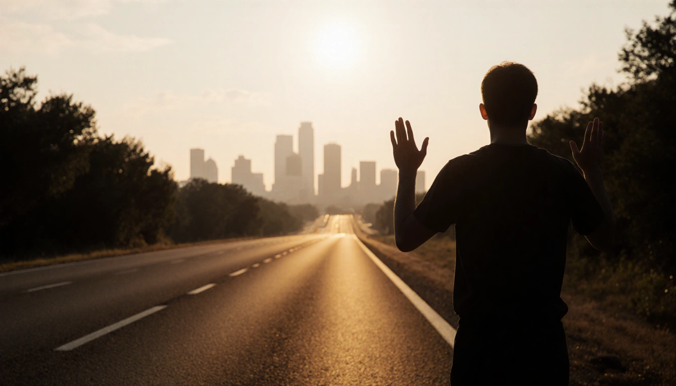Figure raising hands in surrender on deserted highway with sunset glow and Austin skyline visible through trees