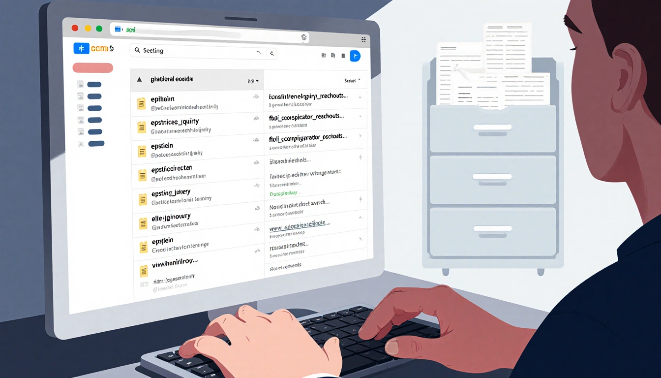 Person hovering hands over keyboard screen showing epstein_network_inquiry results investigation blurred folder behind