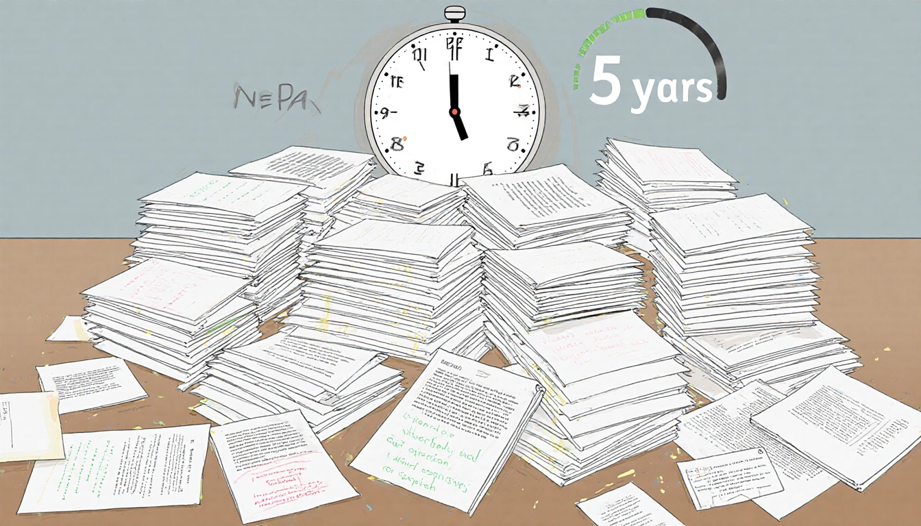 Desk covered in stacks of environmental review papers with a countdown clock showing five years and a pencil marking time.