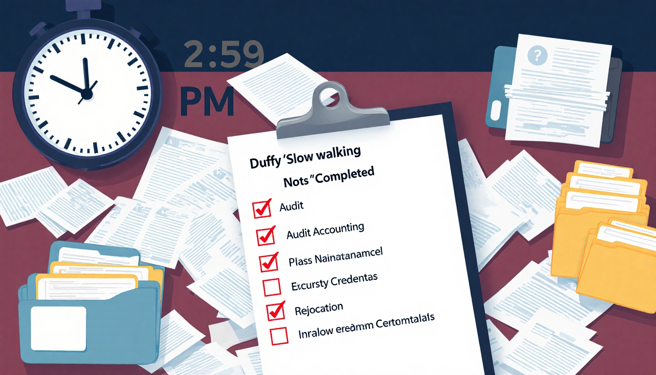 Desk cluttered with papers shows bureaucratic delay with a clipboard checklist marked incomplete and a clock reading 2:59 PM.