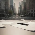 Pen lies on an empty desk with scattered notes and job applications against a warm gray backdrop and distant cityscape