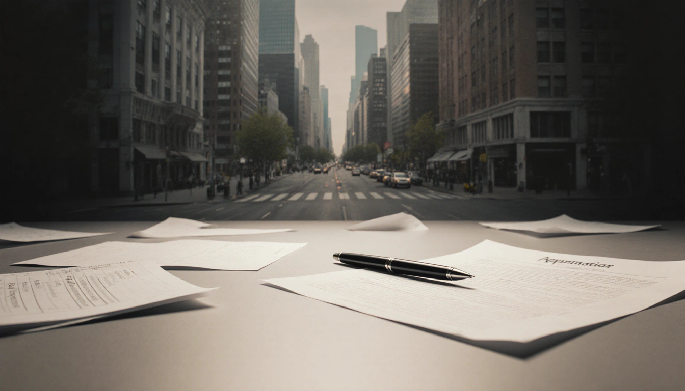 Pen lies on an empty desk with scattered notes and job applications against a warm gray backdrop and distant cityscape