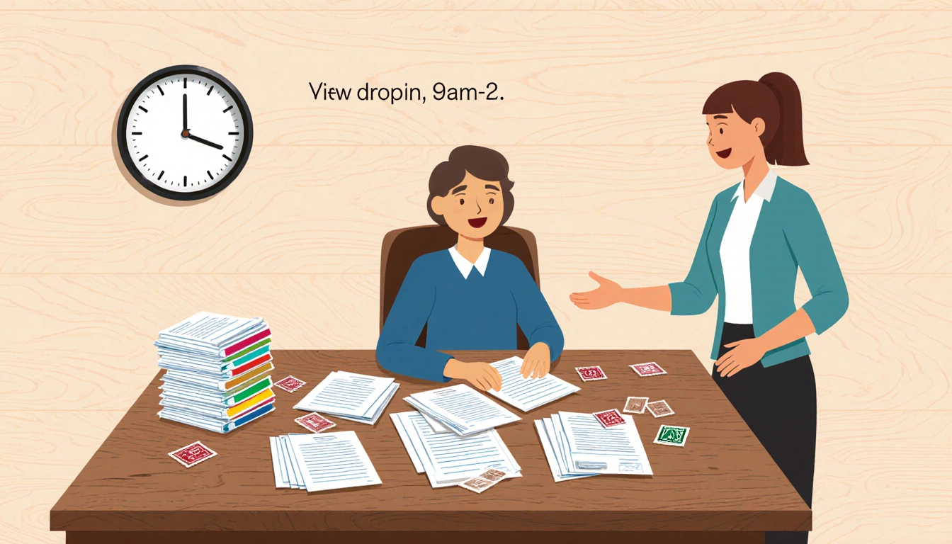 Volunteer guiding a person at a desk with paperwork and a clock showing drop-in hours