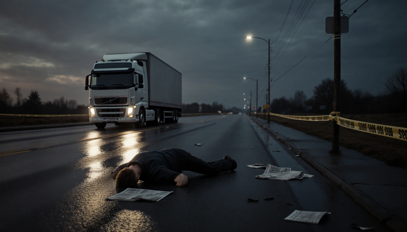 Truck drives down Dessau Road with headlights on wet asphalt near a lifeless figure and police tape.