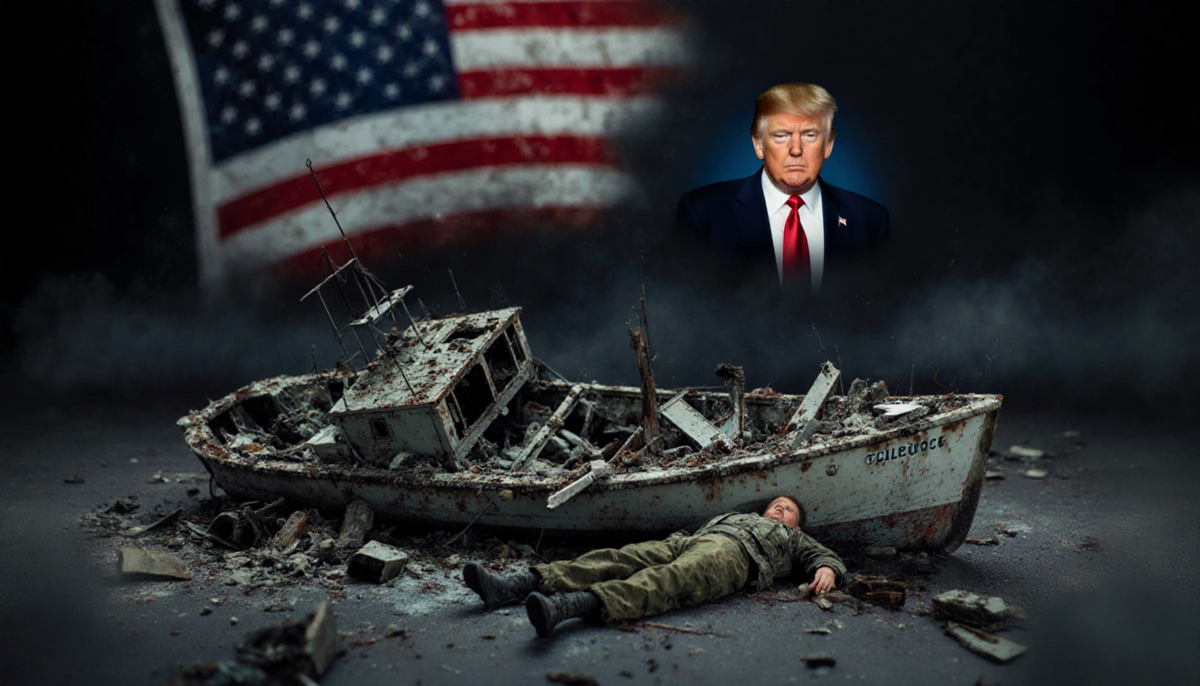 Destroyed boat drifts with debris scattered and lifeless bodies nearby with a blurred flag background.