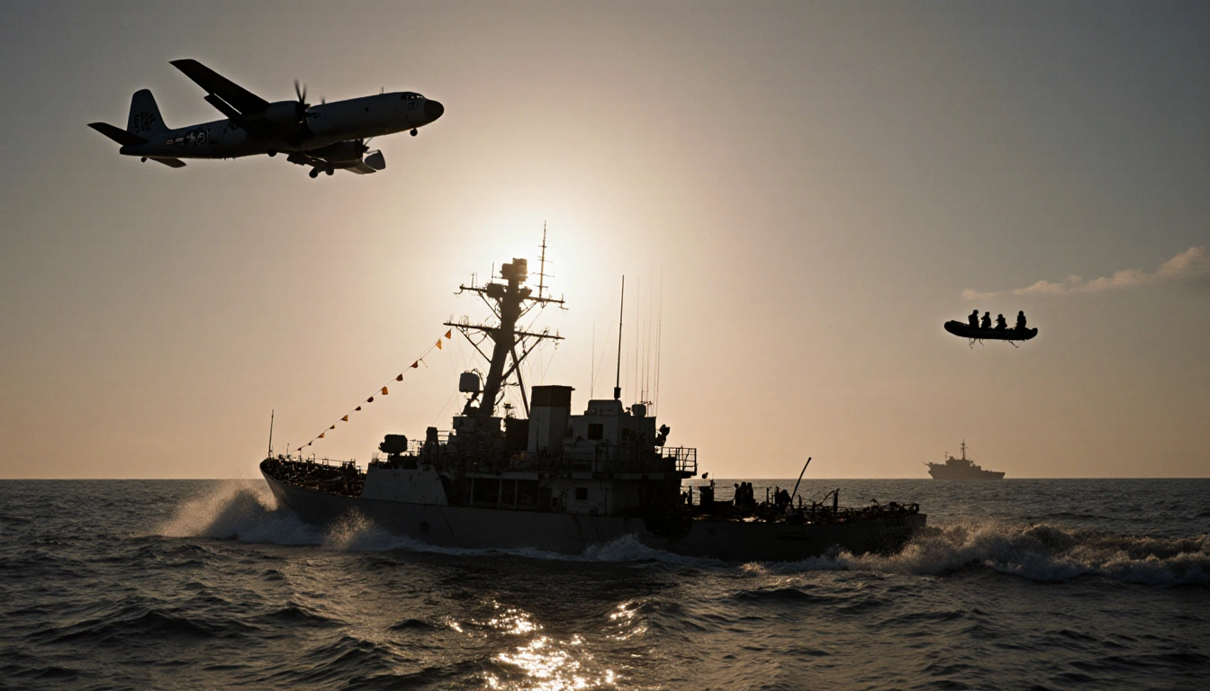Destroyed boat floats on waves with a sun dipping in western sky and a U.S. aircraft shadow overhead