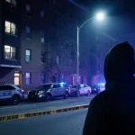 Detective staring up at apartment window with police tape and flickering streetlights in dark night.