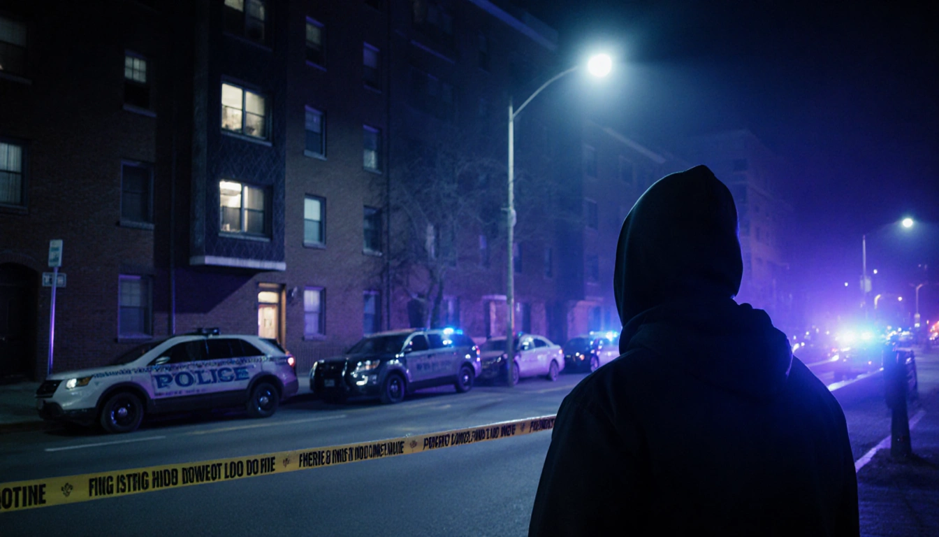 Detective staring up at apartment window with police tape and flickering streetlights in dark night.