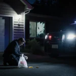 Detective kneeling beside a forensic bag with bullet casing under police cruiser lights