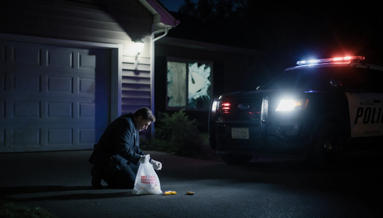 Detective kneeling beside a forensic bag with bullet casing under police cruiser lights