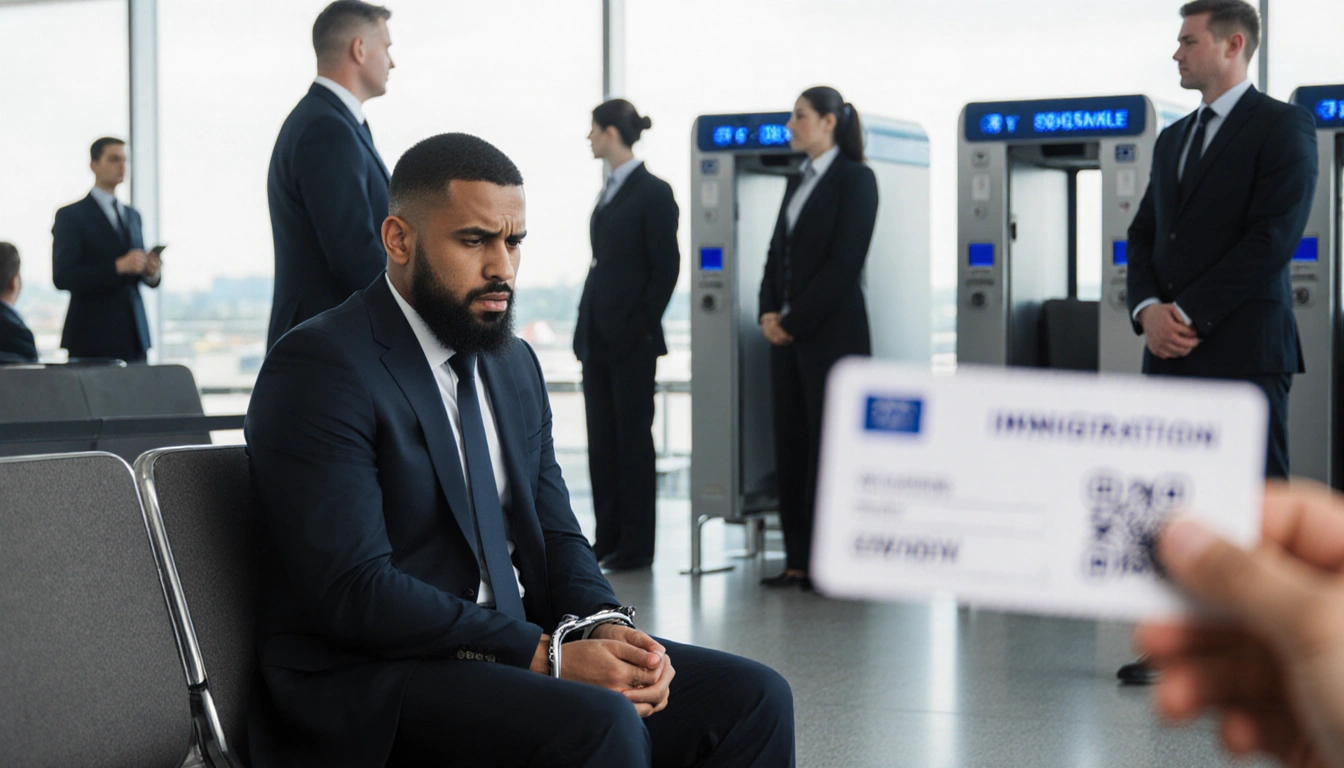 Man sitting nervously with cuffed hands and a detention stamp on his boarding pass and surrounded by immigration agents and b