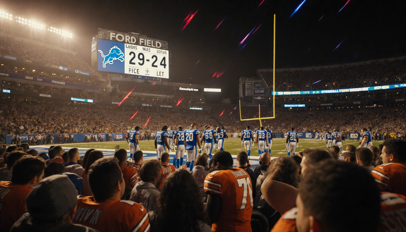 Lions players walking off Ford Field stadium with scoreboard reading 29-24 Steelers and fans slumped in the stands