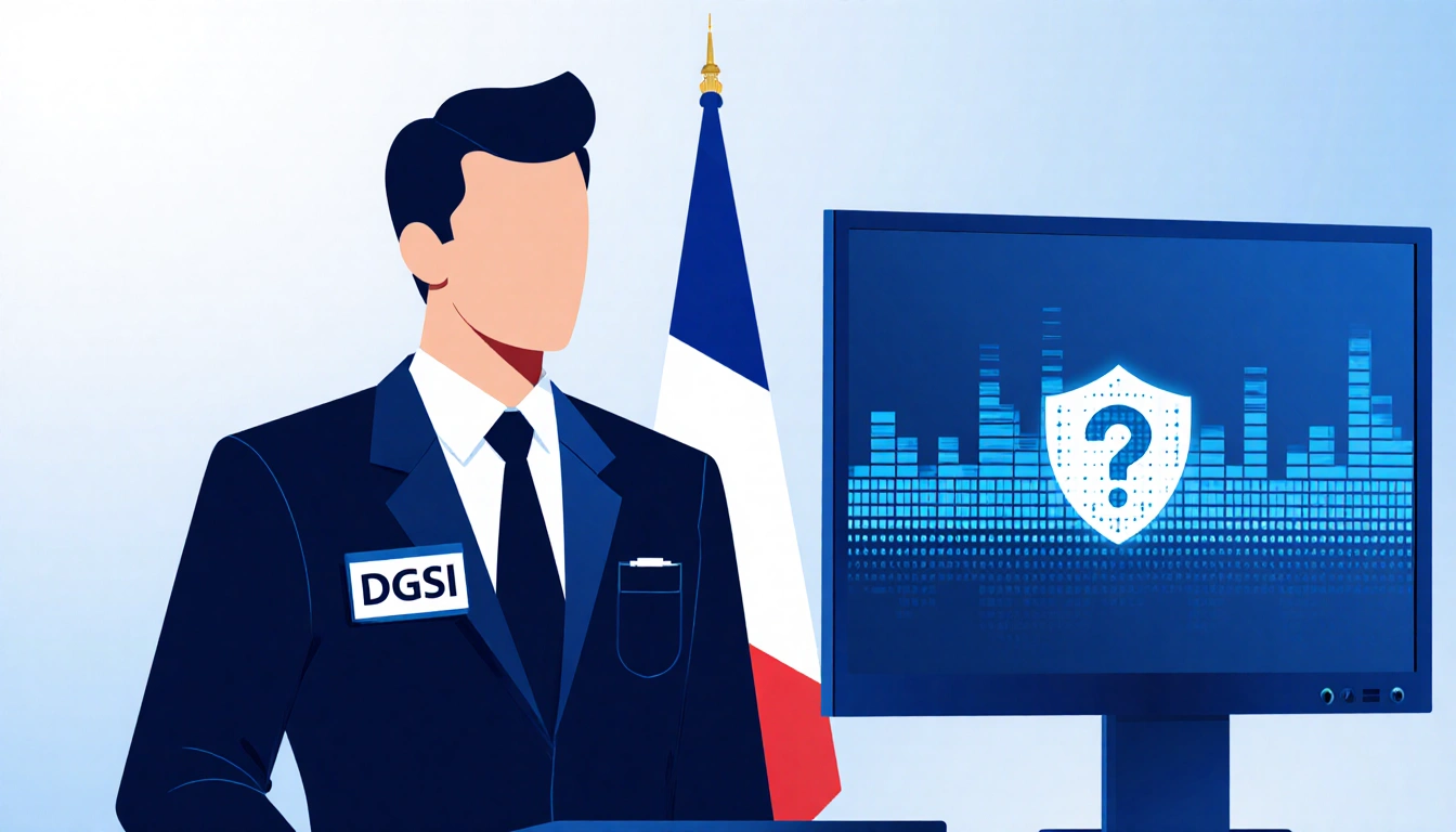 Suit-clad DGSI badge holder standing with French tricolor flag behind and computer screen showing waveform and cyber attack l
