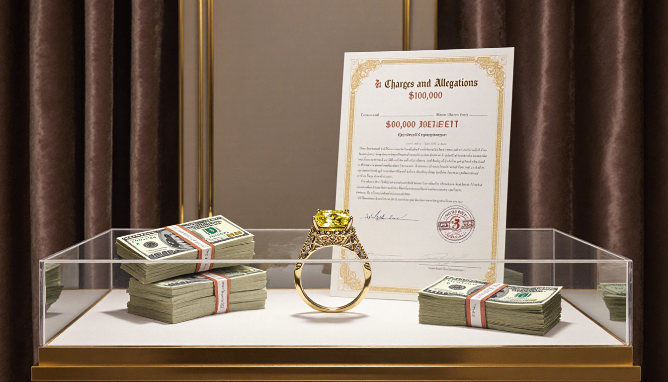Diamond ring gleams in luxury display case with stacks of cash and a stamped certificate.