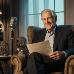 Dick Van Dyke sits in a worn armchair holding an old comedy script with nostalgic film reels and a vintage microphone