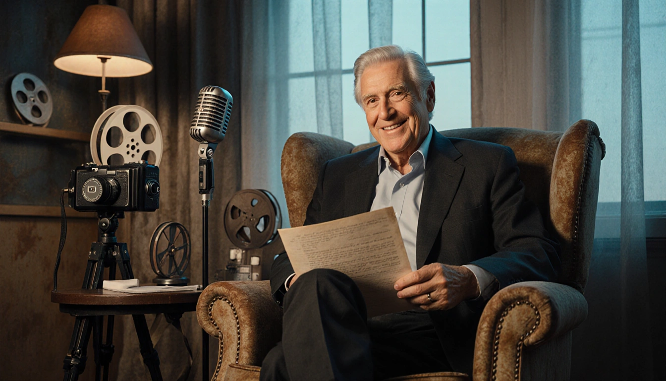 Dick Van Dyke sits in a worn armchair holding an old comedy script with nostalgic film reels and a vintage microphone
