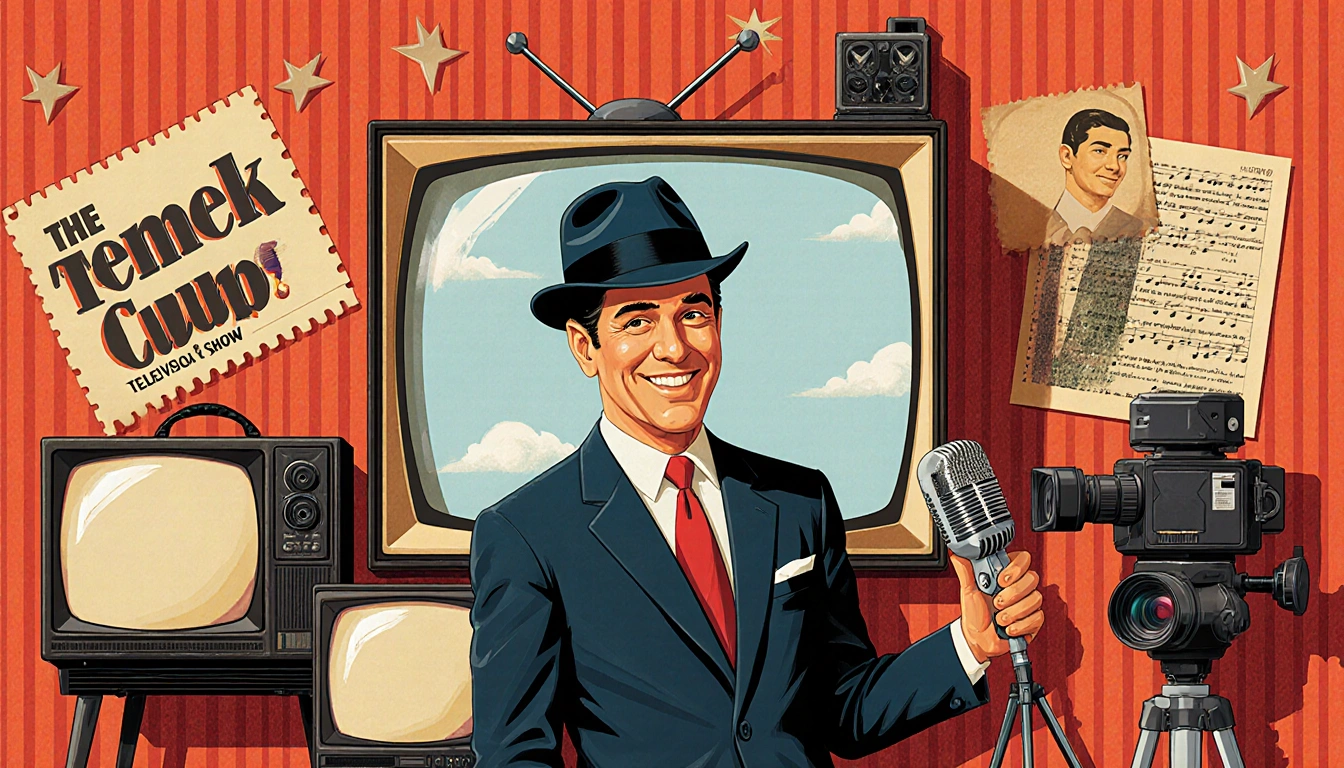 Dick Van Dyke standing before television screen with TV sets cameras comedy props and microphone with music sheet nearby