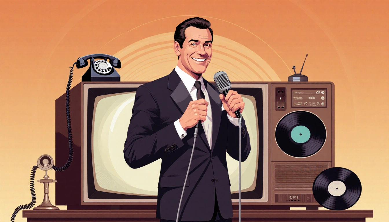 Dick Van Dyke stands holding a microphone with a vintage TV set and rotary phone in a warm nostalgic background