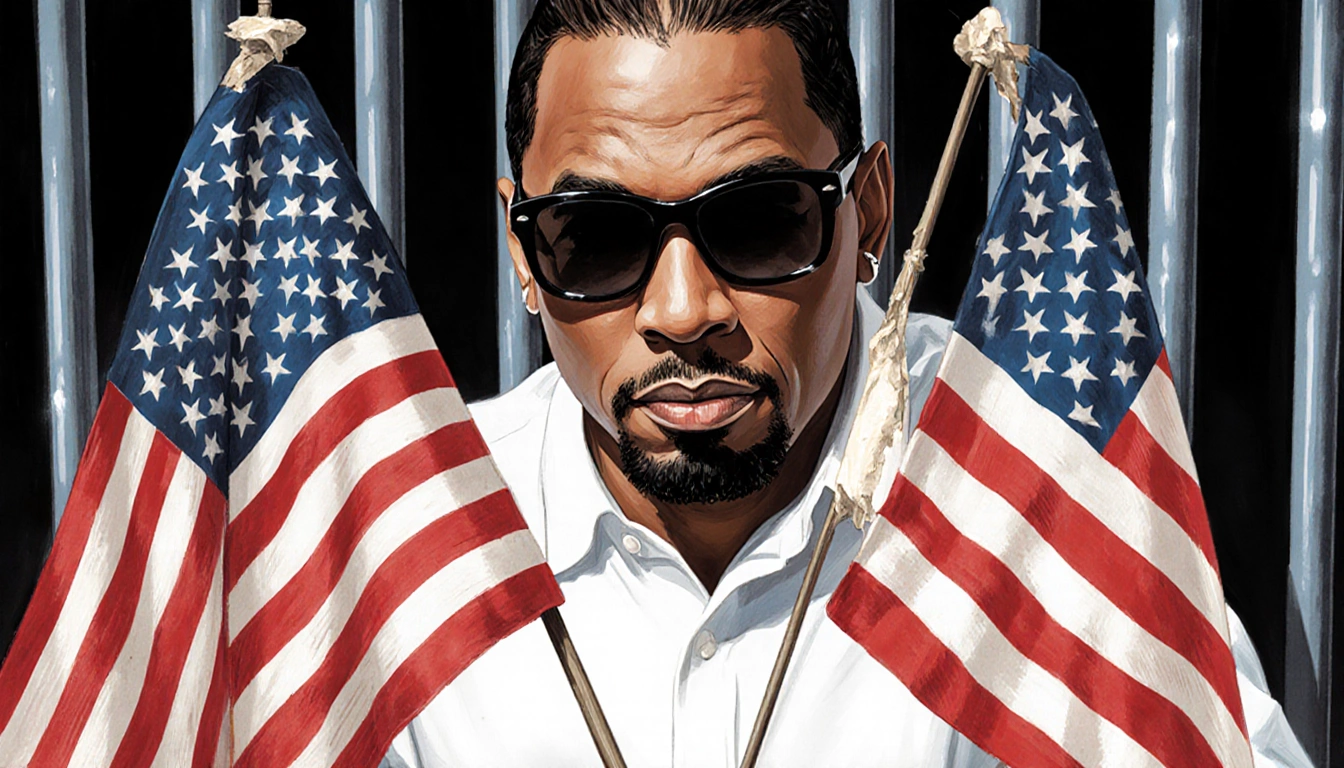 Sean Diddy Combs sitting in a prison cell with two worn American flags and hopeful lighting