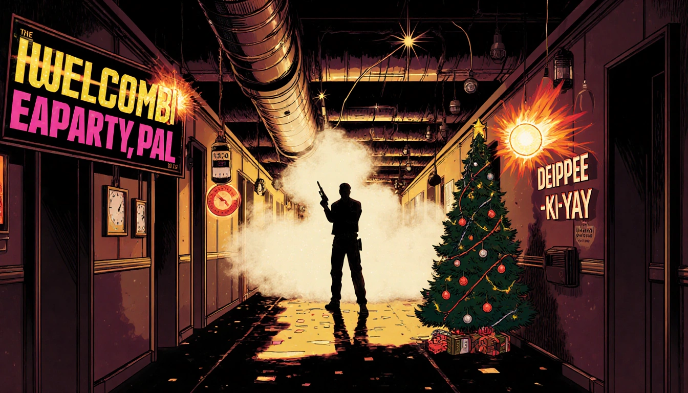Nakatomi Plaza hallway shows Die Hard scene with flashing air-duct lights John McClane silhouette and a Christmas tree